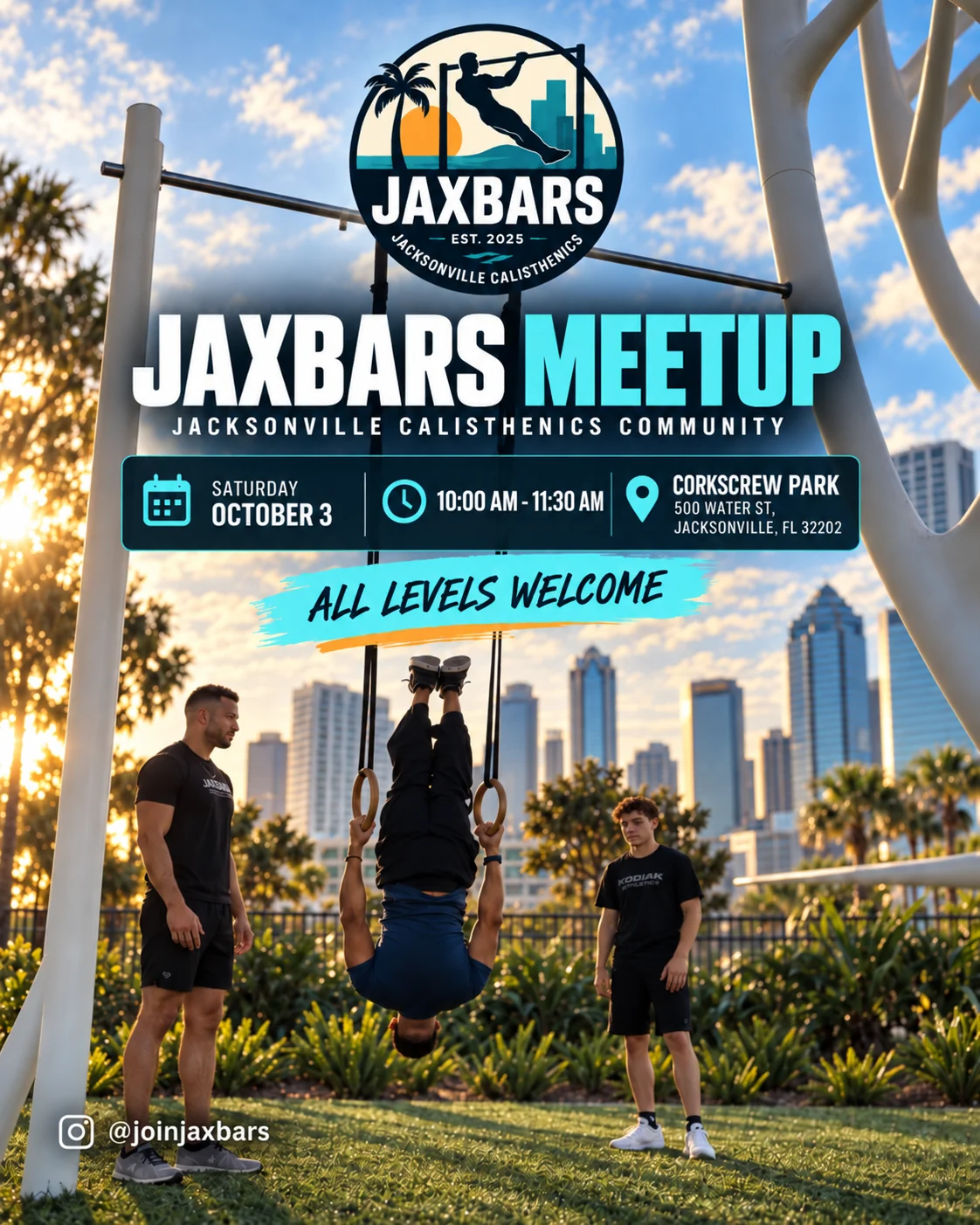 JaxBars meetup on Saturday, October 3, 2026, 10:00 AM to 11:30 AM at Corkscrew Park, 500 Water St, Jacksonville, FL 32202. All levels welcome.